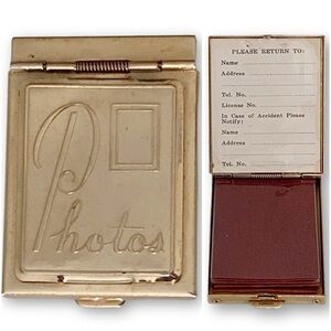 Antique Mid Century Gold Tone Brass Compact Pocket 12 Photo Album Case